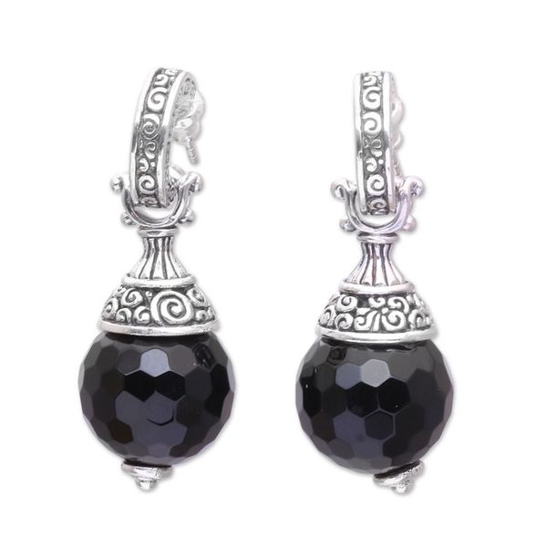 Alternate image for Sterling Silver Black Onyx Half-Hoop Earrings from Indonesia Black Swirls