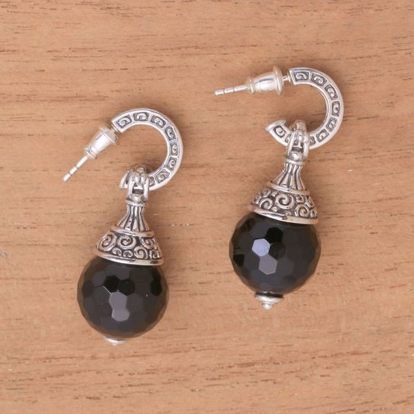 Alternate image for Sterling Silver Black Onyx Half-Hoop Earrings from Indonesia Black Swirls