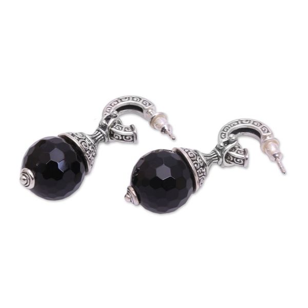 Alternate image for Sterling Silver Black Onyx Half-Hoop Earrings from Indonesia Black Swirls