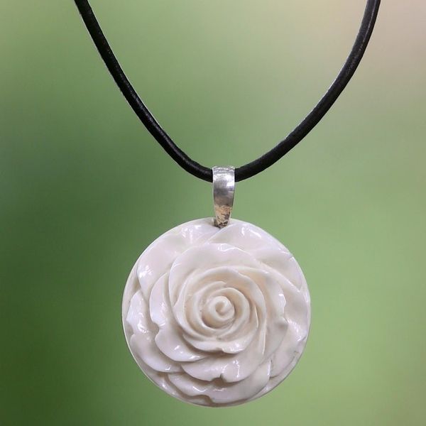 Alternate image for Artisan Crafted White Rose Pendant on Leather Cord Necklace Glorious Rose