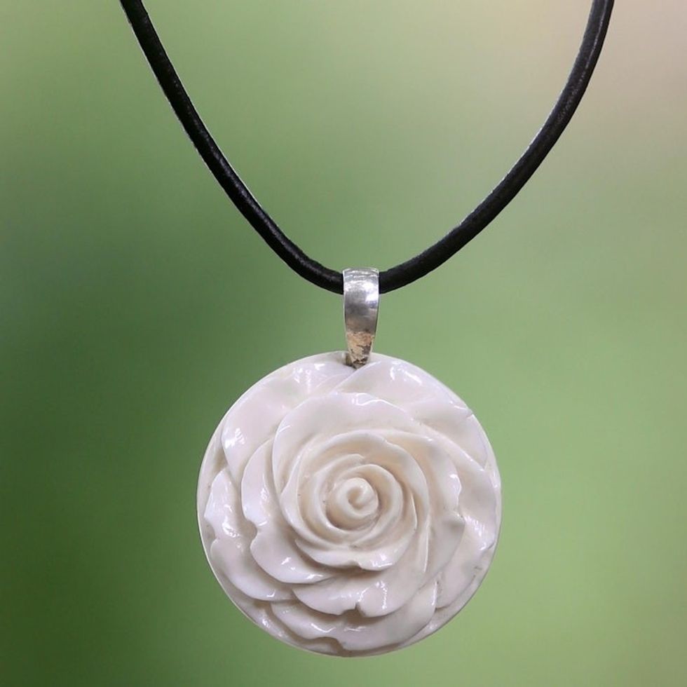 Artisan Crafted White Rose Pendant on Leather Cord Necklace 'Glorious Rose'