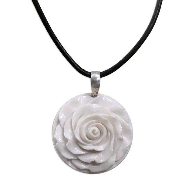 Alternate image for Artisan Crafted White Rose Pendant on Leather Cord Necklace Glorious Rose