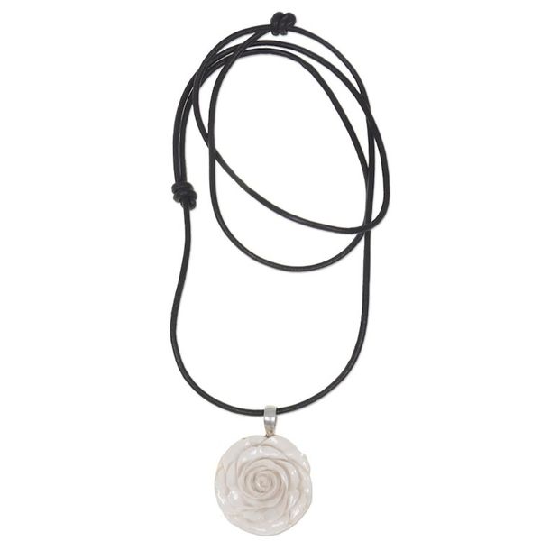 Alternate image for Artisan Crafted White Rose Pendant on Leather Cord Necklace Glorious Rose