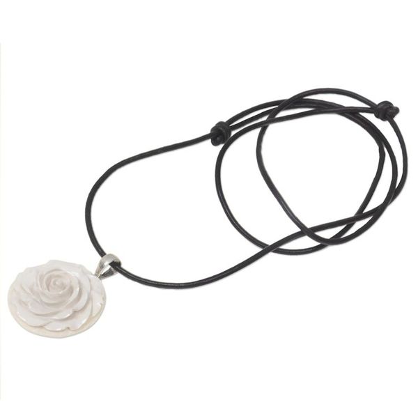 Alternate image for Artisan Crafted White Rose Pendant on Leather Cord Necklace Glorious Rose