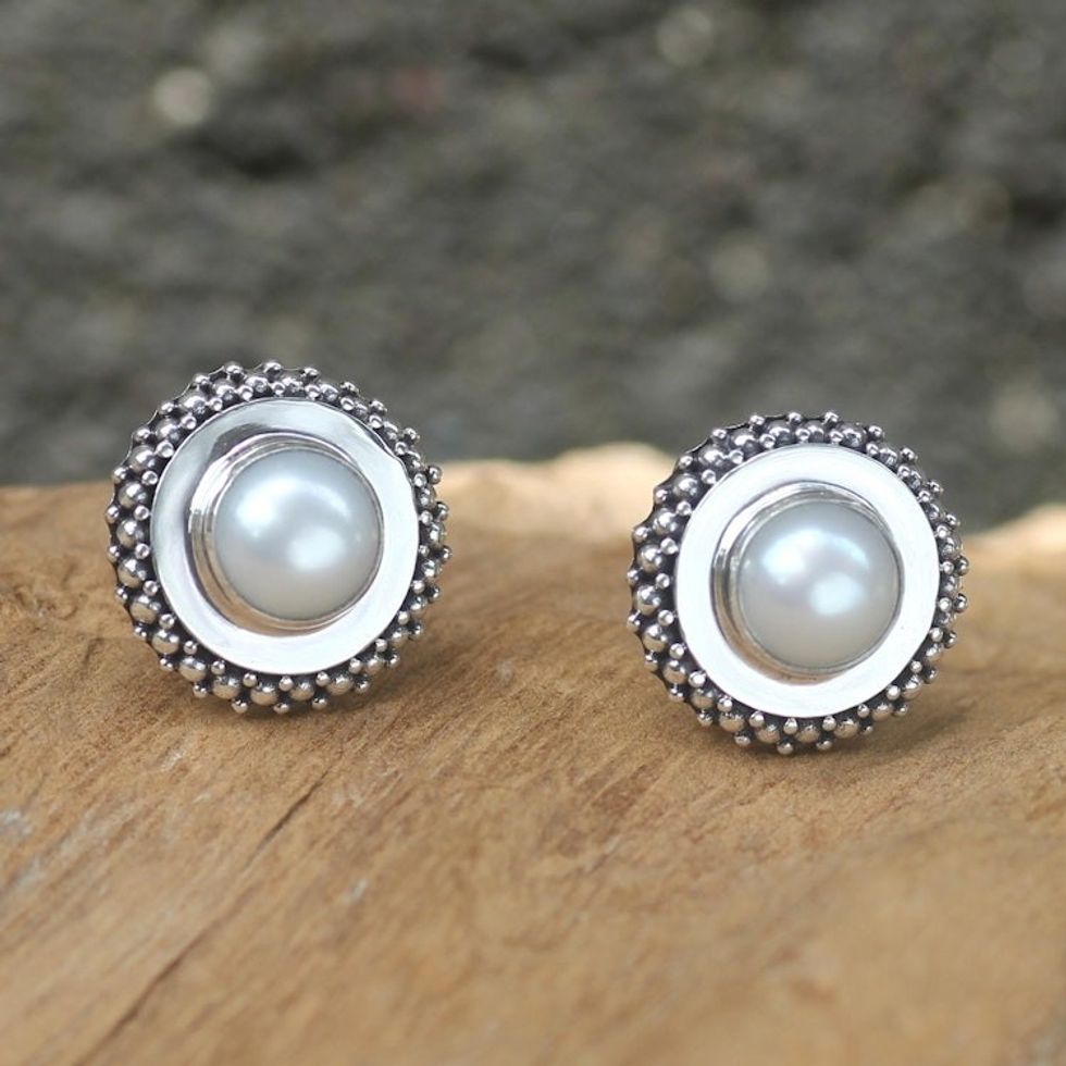 Handcrafted Sterling Silver and Pearl Button Earrings 'Moonlight Halo'