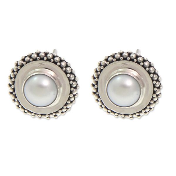 Alternate image for Handcrafted Sterling Silver and Pearl Button Earrings Moonlight Halo