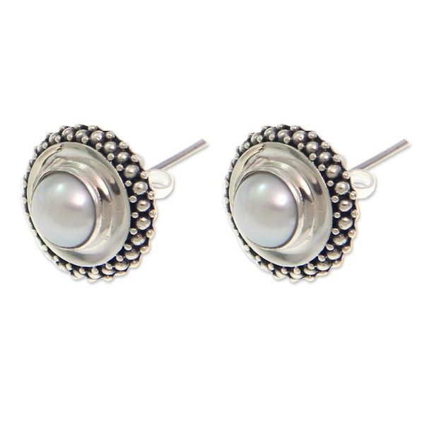 Alternate image for Handcrafted Sterling Silver and Pearl Button Earrings Moonlight Halo