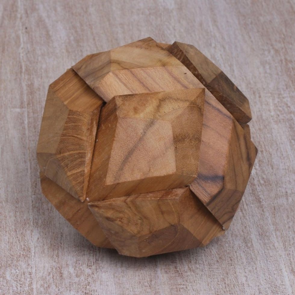 Fair Trade Round Hand Carved Teak Wood Puzzle Ball 'Soccer Ball'