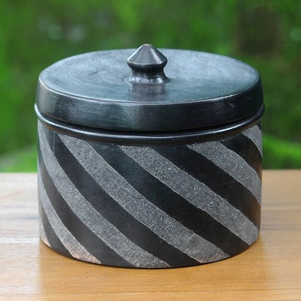 Alternate image for Indonesian Handcrafted Swirl-Design Black Ceramic Jar Zebra Swirl