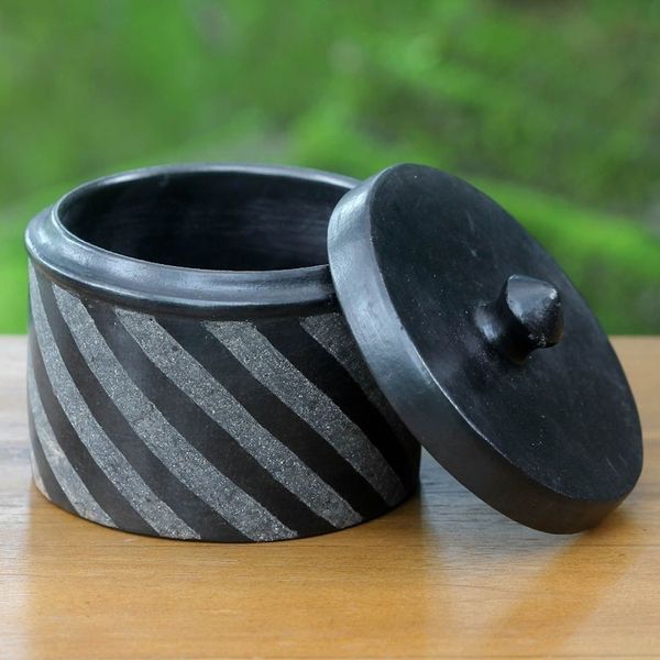 Alternate image for Indonesian Handcrafted Swirl-Design Black Ceramic Jar Zebra Swirl