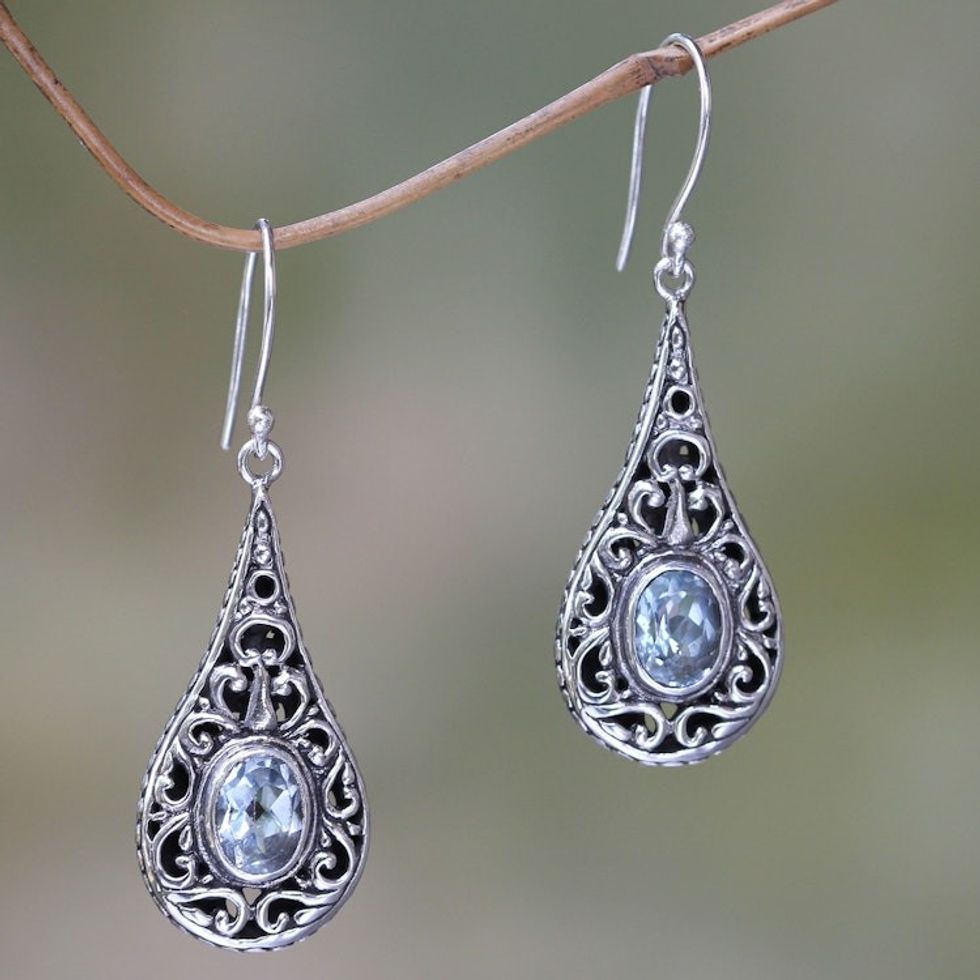 Artisan Crafted Earrings with Sterling Silver and Blue Topaz 'Balinese Dew'