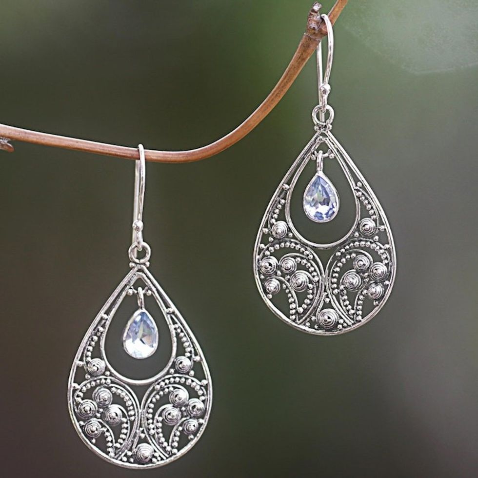 Sterling Silver and Blue Topaz Dangle Earrings 'Bali Crest'
