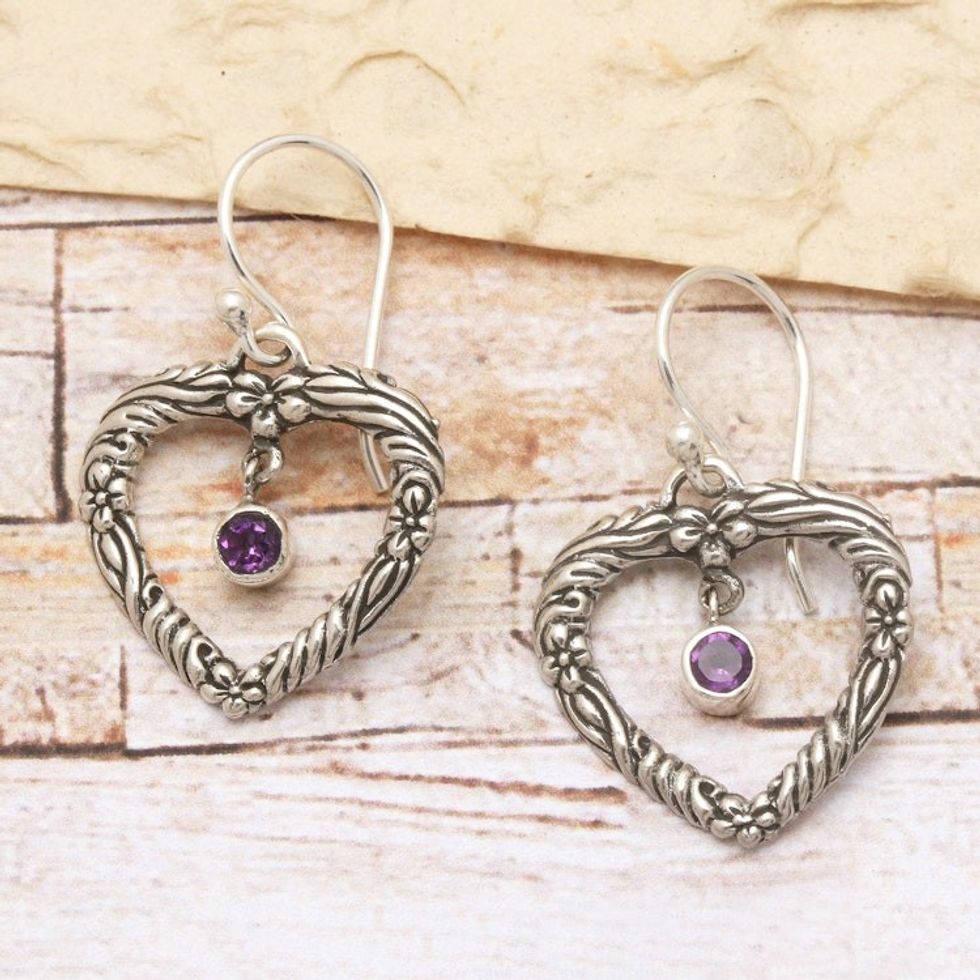 Amethyst and Sterling Silver Dangle Earrings from Indonesia 'Steal My Heart'