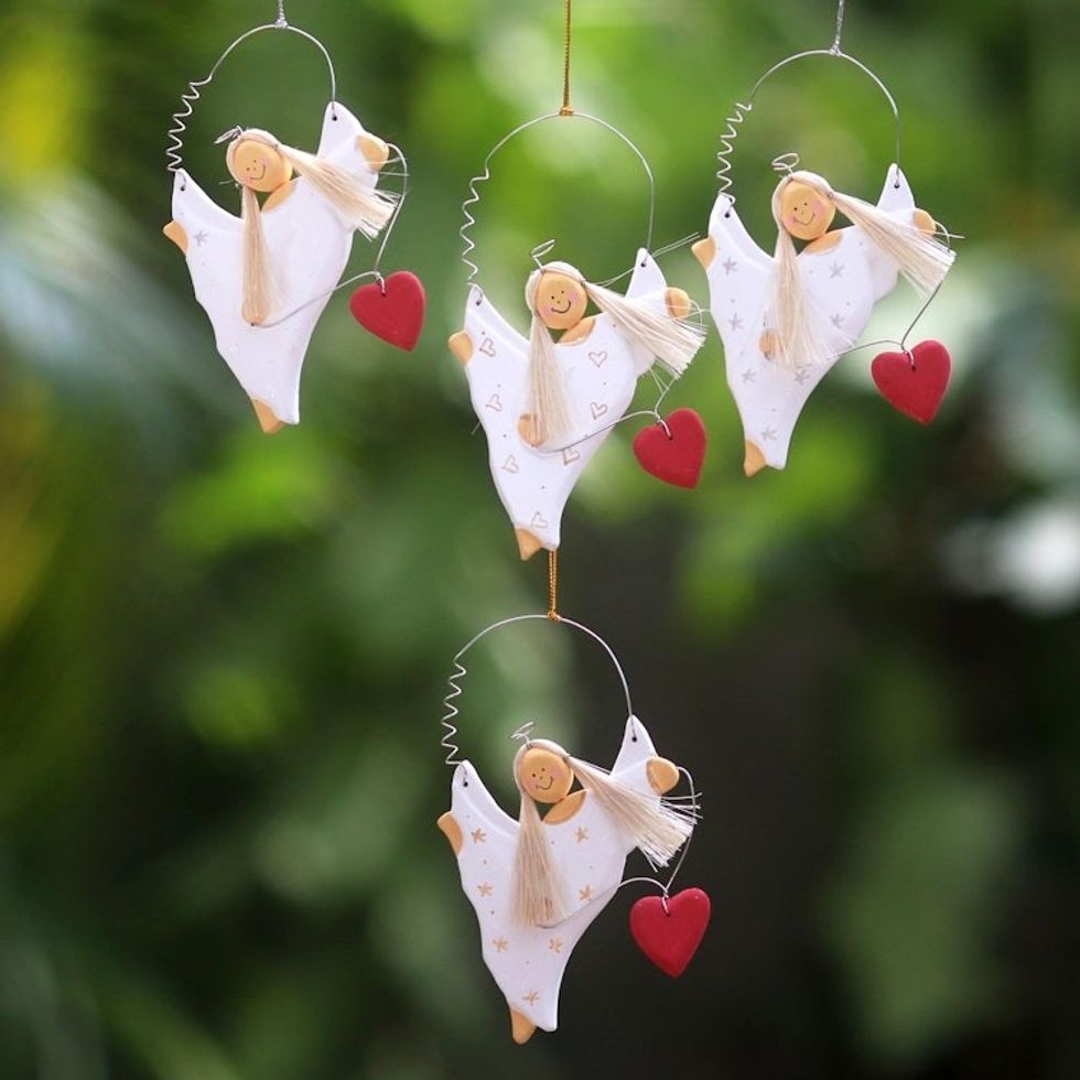 Set of Four Wooden Dancing Angel Ornaments with Hearts 'Celebrating Angels'