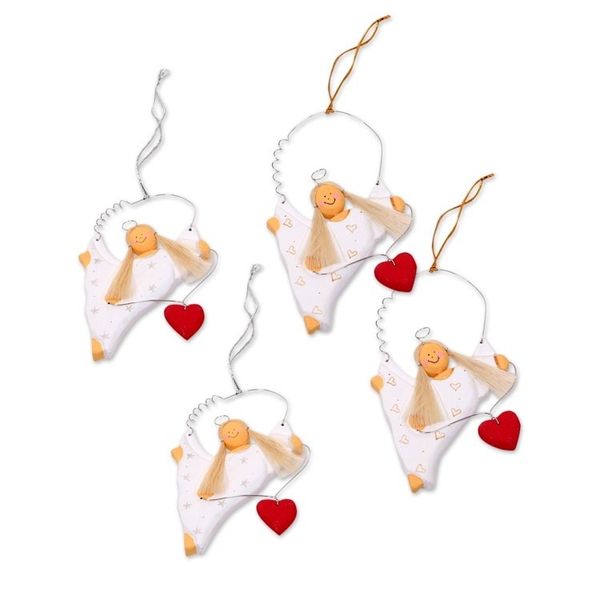Alternate image for Set of Four Wooden Dancing Angel Ornaments with Hearts Celebrating Angels