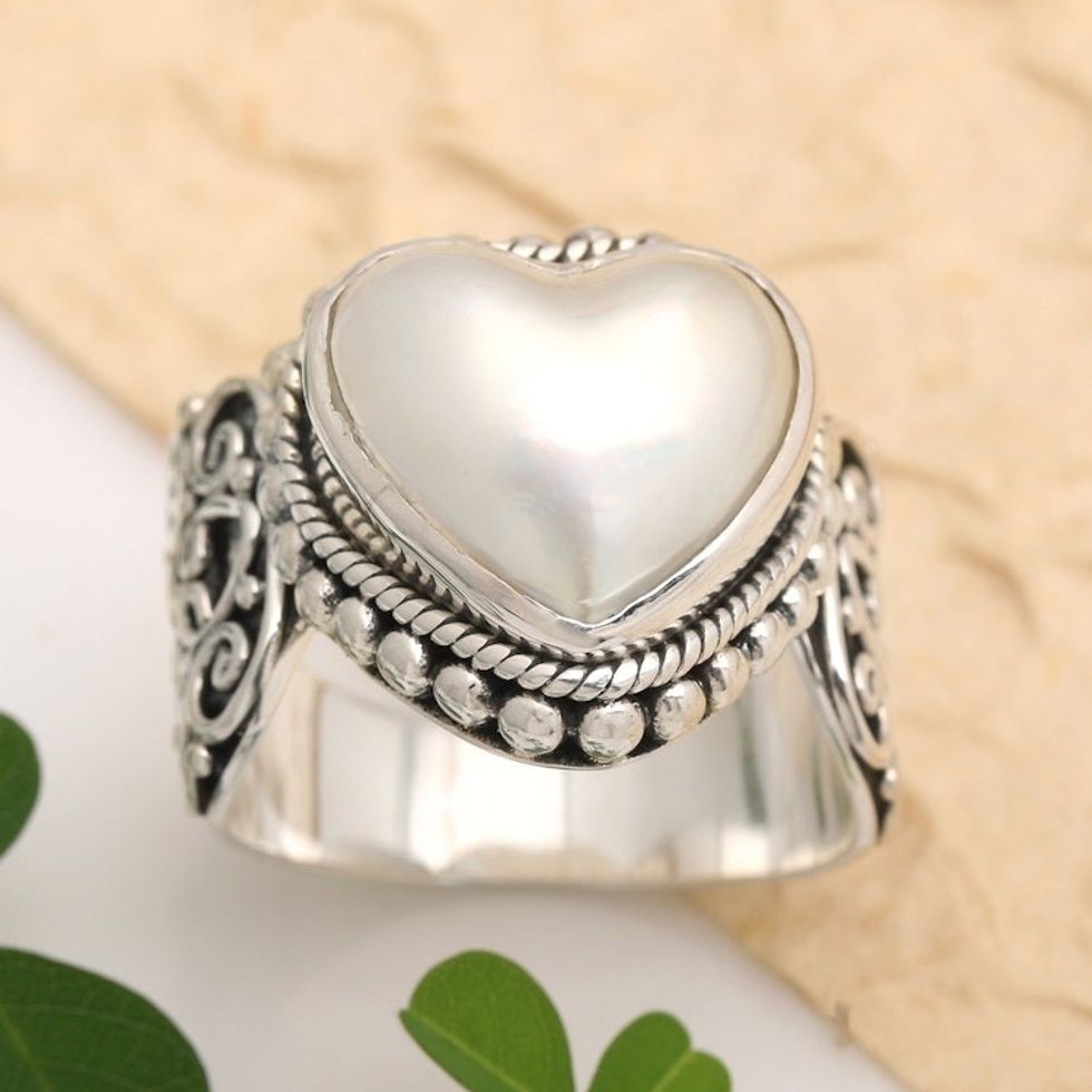 Ornate Cocktail Ring with Heart Shaped White Mabe Pearl 'Romance in White'