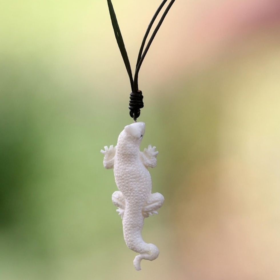 Artisan Crafted Lizard Pendant Necklace in Leather and Bone 'White Lizard Totem'