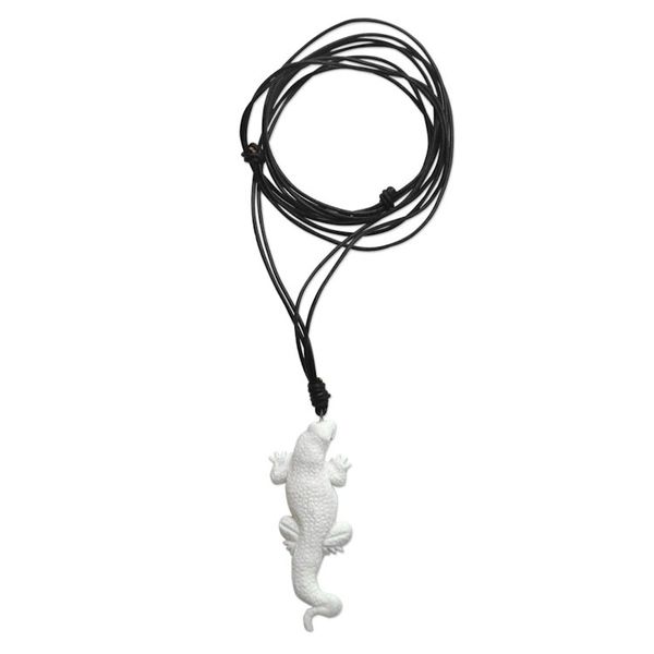 Alternate image for Artisan Crafted Lizard Pendant Necklace in Leather and Bone White Lizard Totem