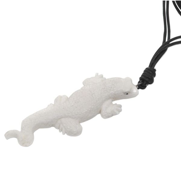 Alternate image for Artisan Crafted Lizard Pendant Necklace in Leather and Bone White Lizard Totem