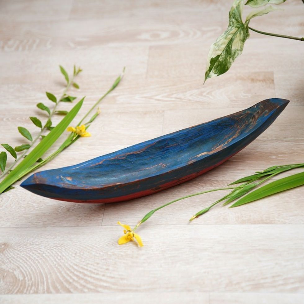 Blue Hand Carved Balinese Boat Theme Catchall 'Vintage Blue Canoe'