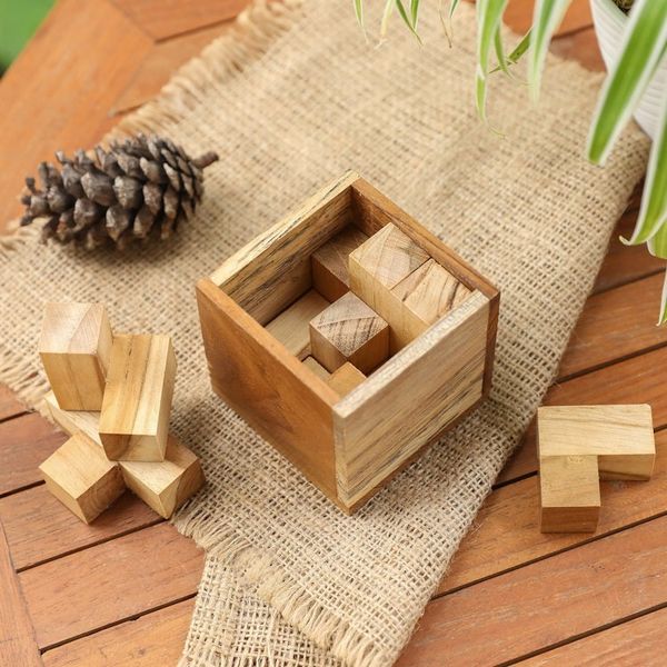 Alternate image for Artisan Crafted Upcycled Teak Wood Puzzle from Java Magic Box