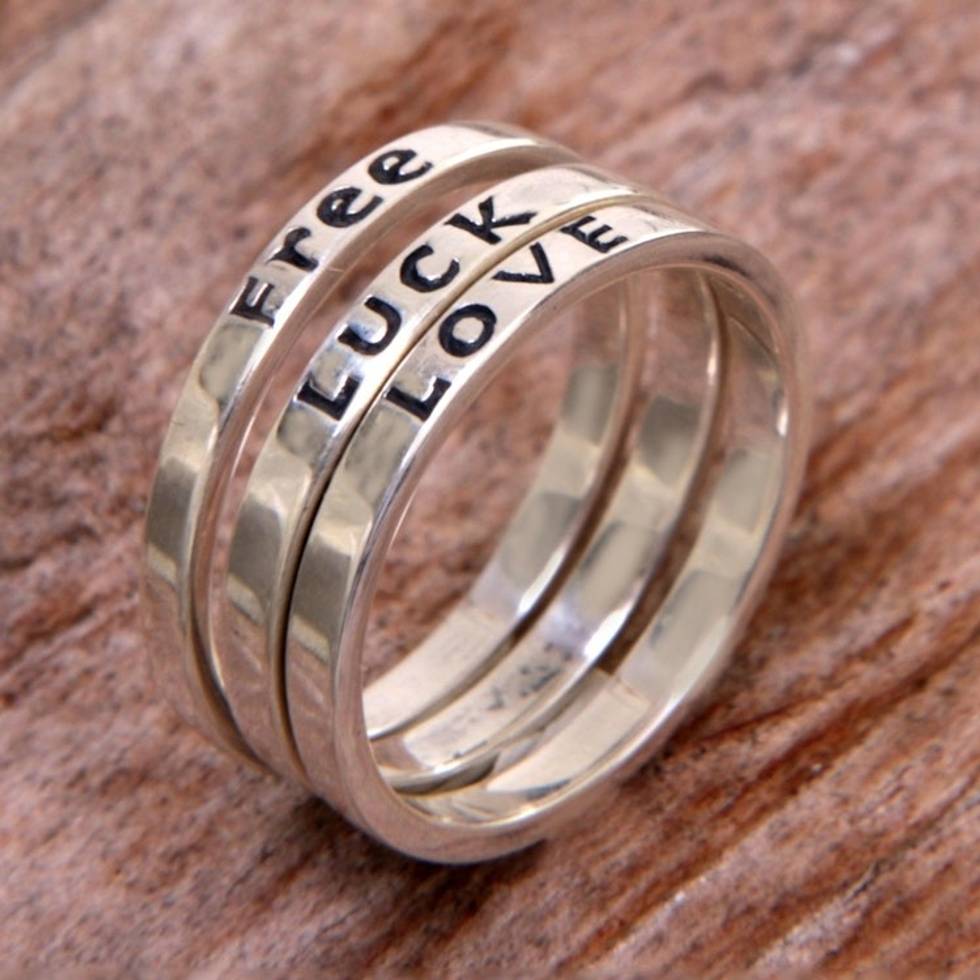 Balinese Inspirational Silver Stacking Rings Set of 3 'Free Luck Love'
