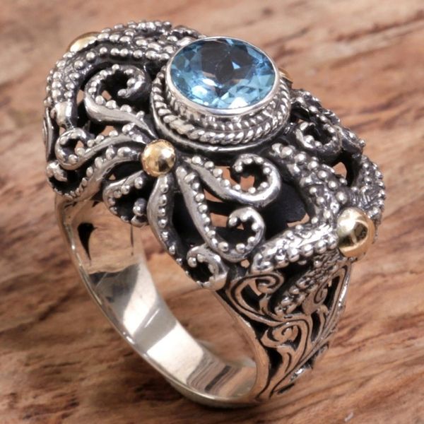 Alternate image for Artisan Crafted Gold Accent Blue Topaz Cocktail Ring Whimsical Sea