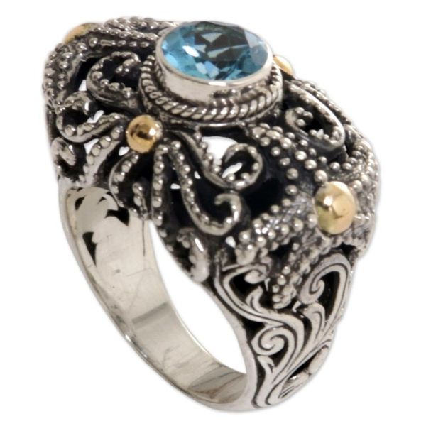 Alternate image for Artisan Crafted Gold Accent Blue Topaz Cocktail Ring Whimsical Sea