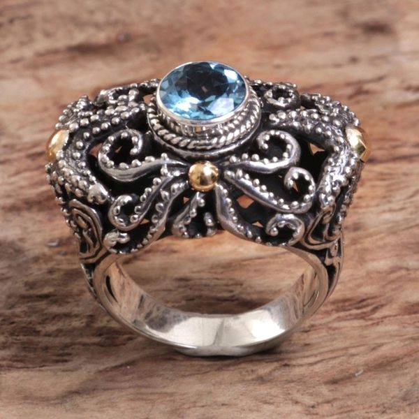Alternate image for Artisan Crafted Gold Accent Blue Topaz Cocktail Ring Whimsical Sea