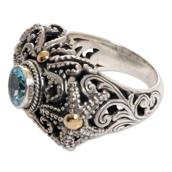 Alternate image for Artisan Crafted Gold Accent Blue Topaz Cocktail Ring Whimsical Sea