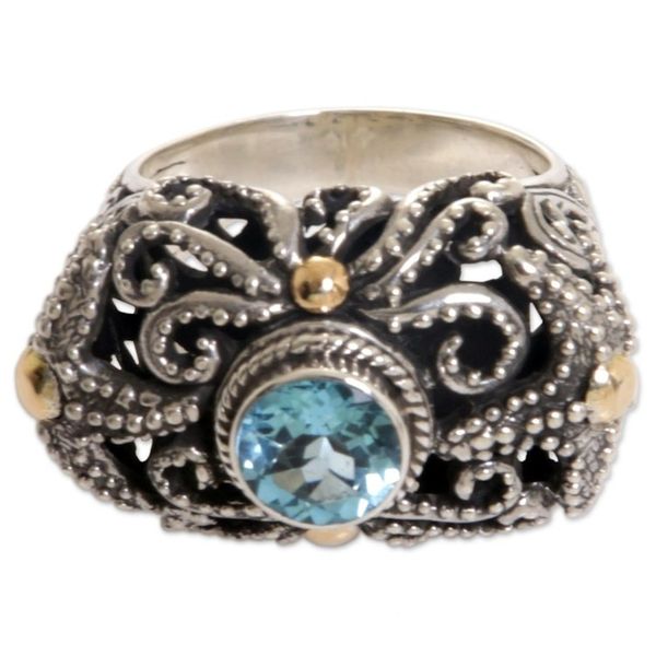 Alternate image for Artisan Crafted Gold Accent Blue Topaz Cocktail Ring Whimsical Sea