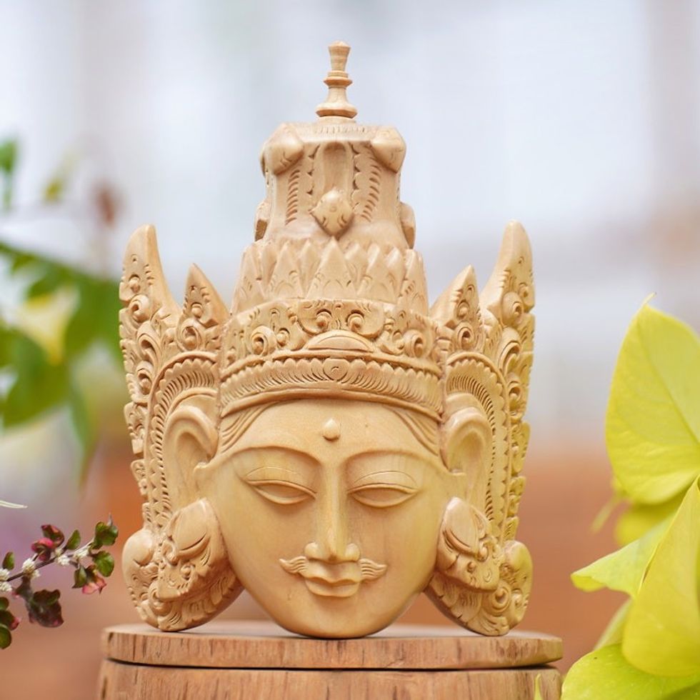 Hand Carved Wood Mask of Rama Floral Motif from Indonesia 'Rama'