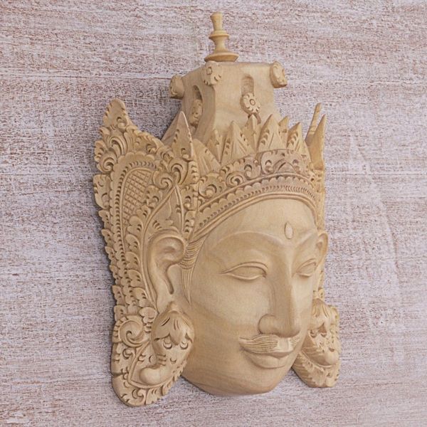 Alternate image for Hand Carved Wood Mask of Rama Floral Motif from Indonesia Rama