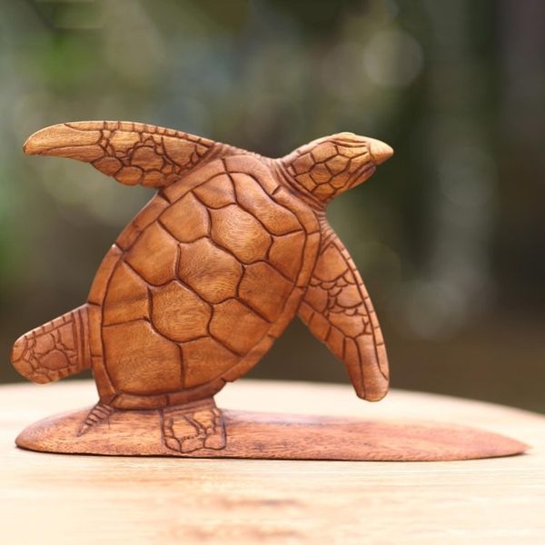 Alternate image for Hand Carved Wood Sculpture Turtle on Surf Board from Bali Surfer Turtle