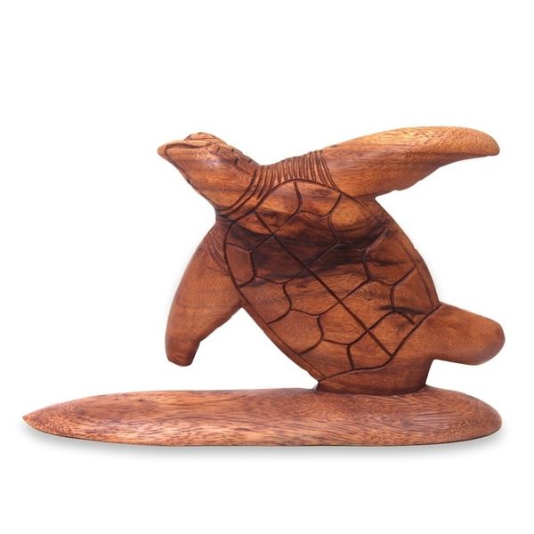 Alternate image for Hand Carved Wood Sculpture Turtle on Surf Board from Bali Surfer Turtle