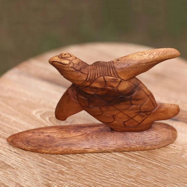 Alternate image for Hand Carved Wood Sculpture Turtle on Surf Board from Bali Surfer Turtle