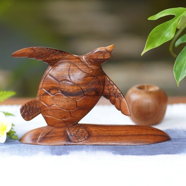 Alternate image for Hand Carved Wood Sculpture Turtle on Surf Board from Bali Surfer Turtle