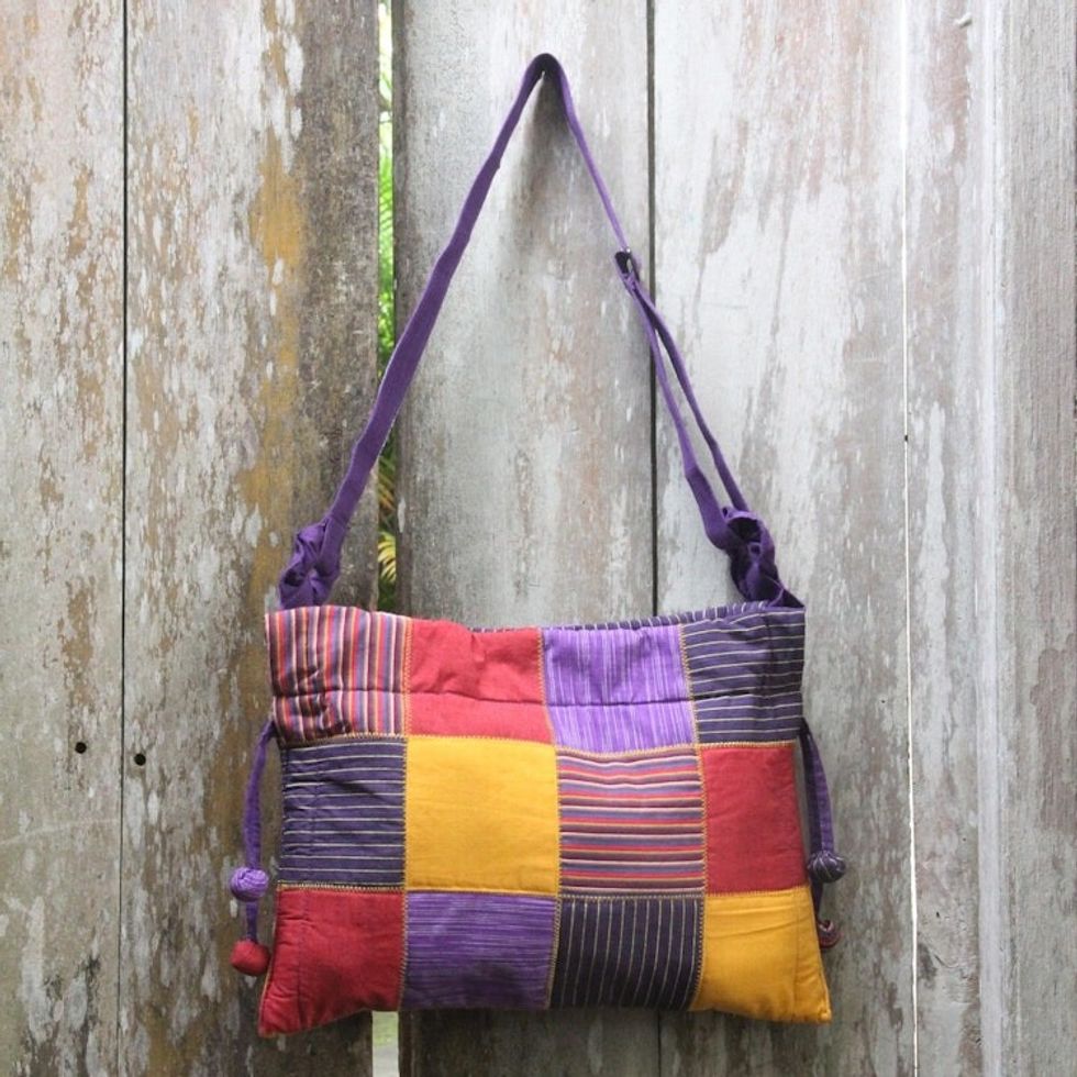 Hand Woven Cotton Patchwork Shoulder Bag from Bali 'Legendary Purple'