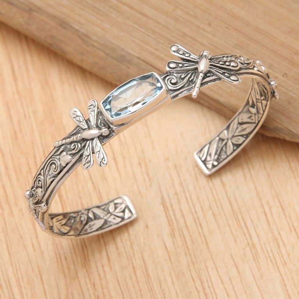 Blue Topaz Handcrafted Sterling Silver Cuff Bracelet 'Amid the Dragonflies'