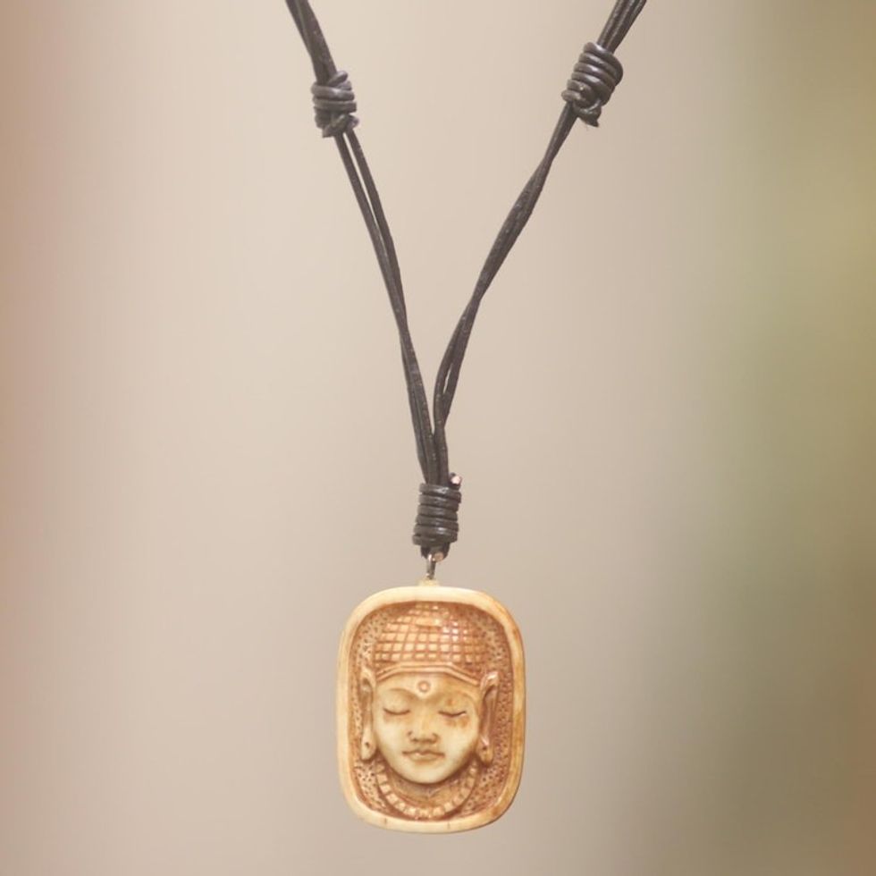 Artisan Crafted Bone Pendant Necklace of Buddha Head 'Buddha Head III'
