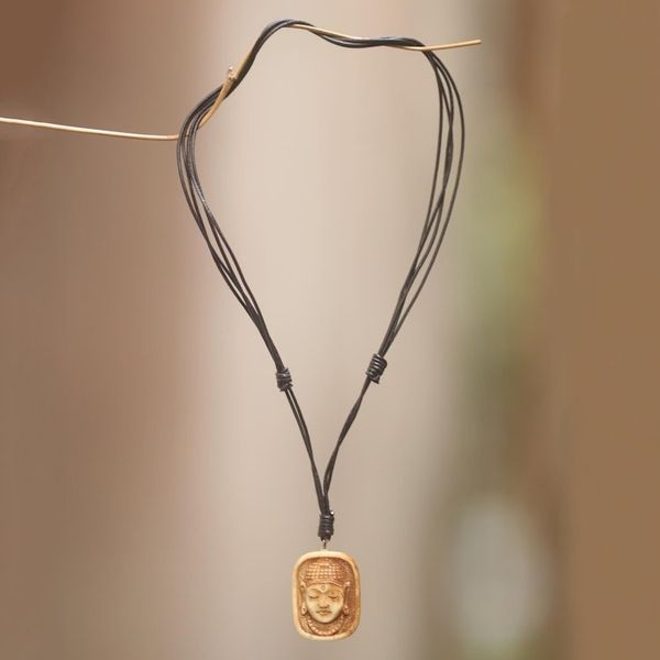 Alternate image for Artisan Crafted Bone Pendant Necklace of Buddha Head Buddha Head III