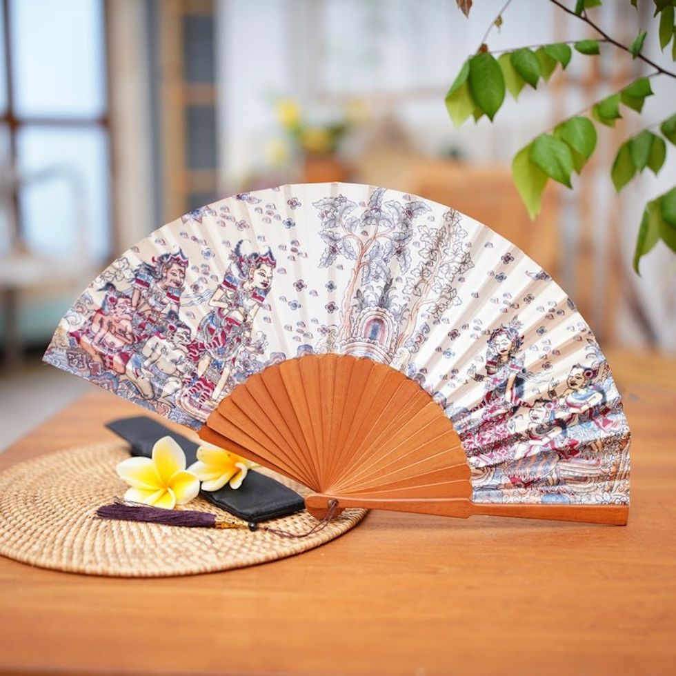 Silk and Wood Fan with Hindu Motifs in Wheat and Crimson 'Rama Sita'