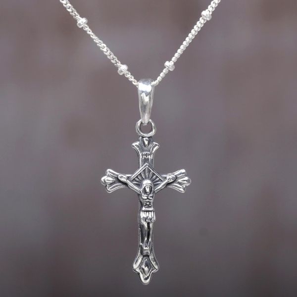 Alternate image for Highly Polished Sterling Silver Crucifix Pendant Necklace Accompanied by Christ