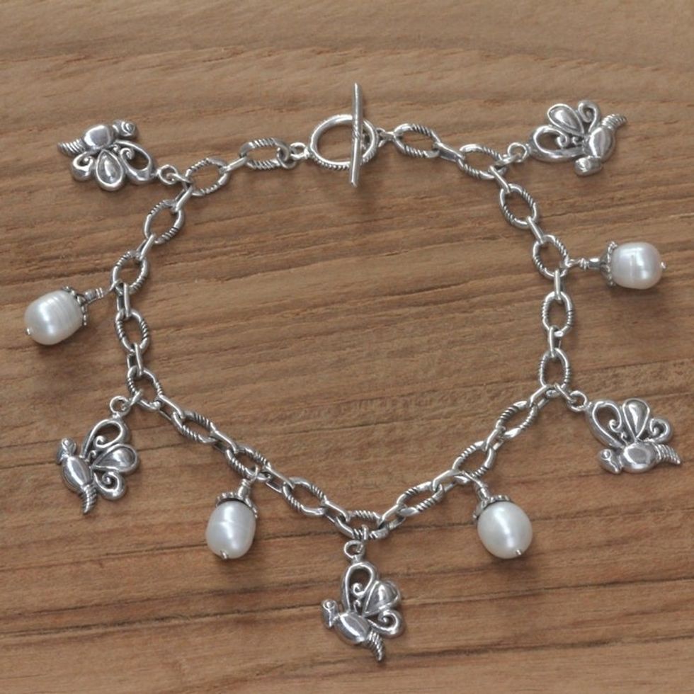 Cultured pearl charm bracelet 'Baby Butterfly'
