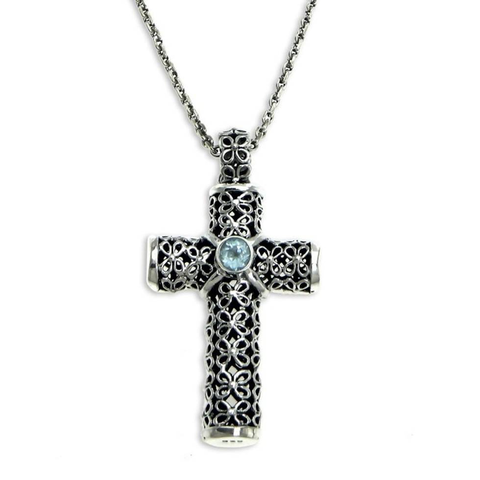 Unique Blue Topaz and Sterling Silver Religious Necklace 'Jasmine Cross'
