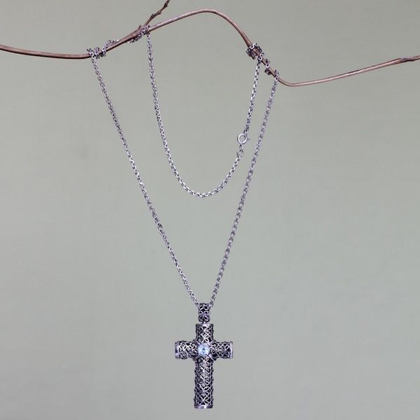 Alternate image for Unique Blue Topaz and Sterling Silver Religious Necklace Jasmine Cross