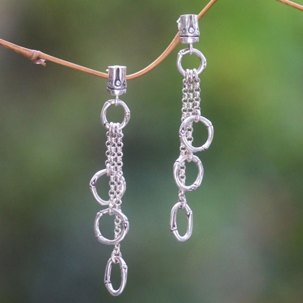 Balinese Sterling Silver Handmade Engraved Dangle Earrings 'Bamboo Waterfall'