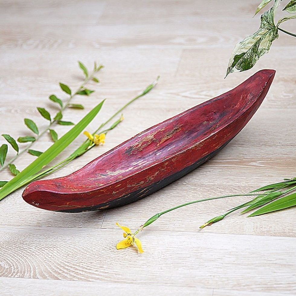 Red Hand Carved Boat Theme Catchall from Bali 'Vintage Red Canoe'
