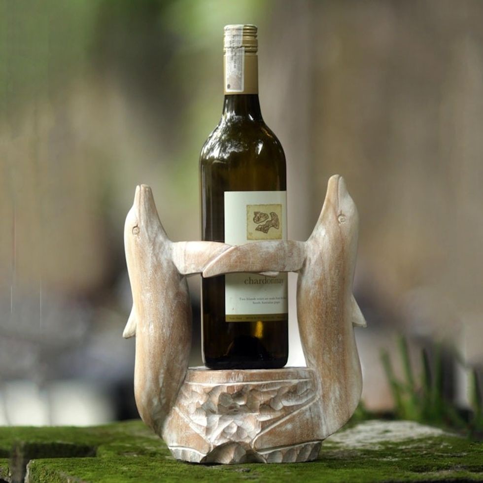 Hand Made Wooden Dolphin Bottle Holder from Indonesia 'Dolphin's Waltz'