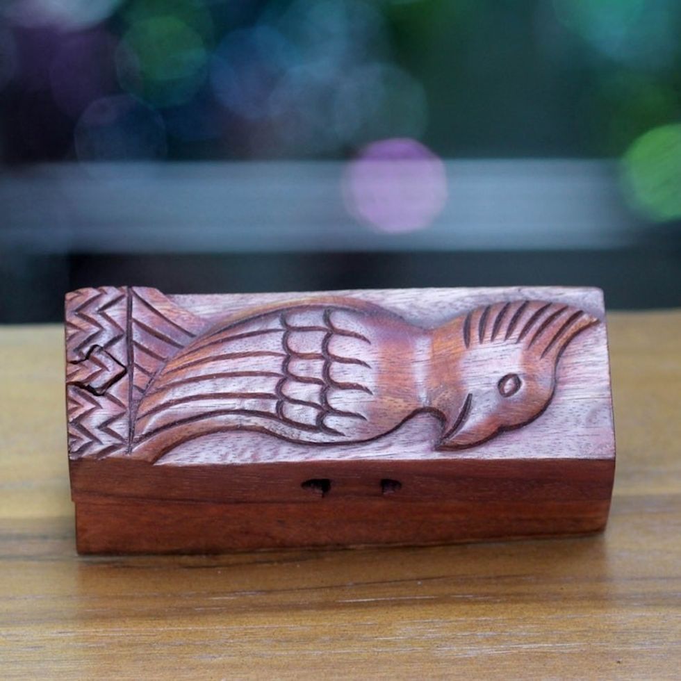 Artisan Crafted Bird Theme Wood Puzzle Box from Bali 'Bali Mynah'